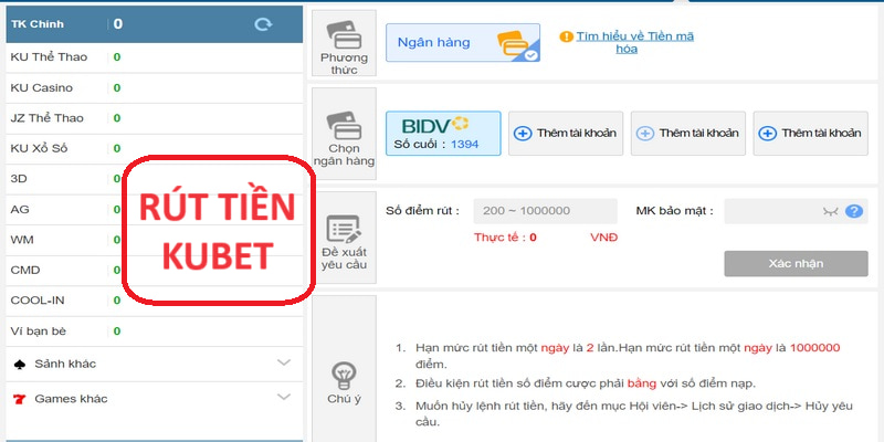 Form rút tiền đơn giản tại Kubet